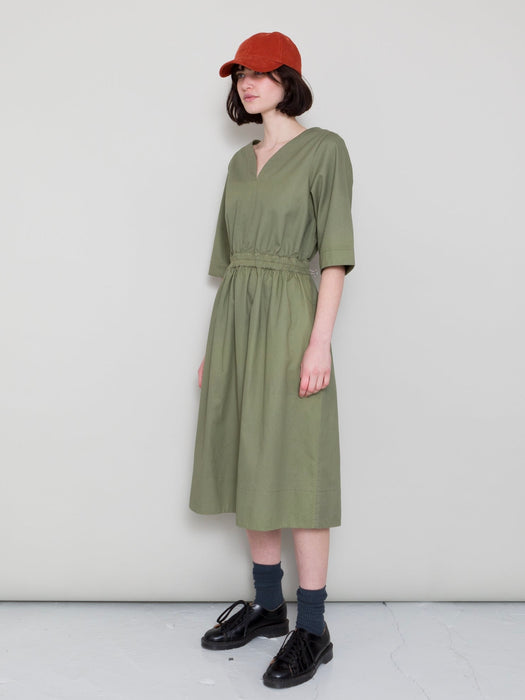 Folk Women Gathered Dress in Olive Twill