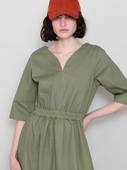 Folk Women Gathered Dress in Olive Twill