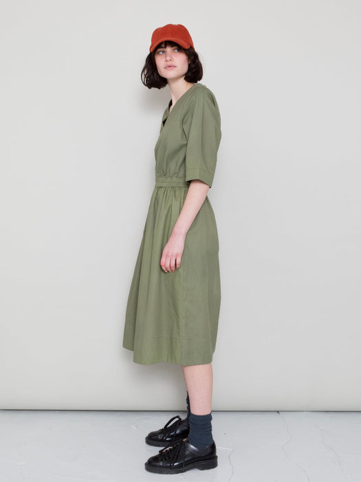 Folk Women Gathered Dress in Olive Twill