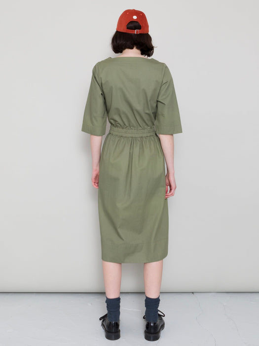 Folk Women Gathered Dress in Olive Twill