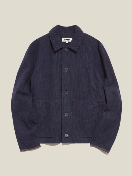 YMC - Block-Print Cotton Seersucker Overshirt - Mens - Navy Multi