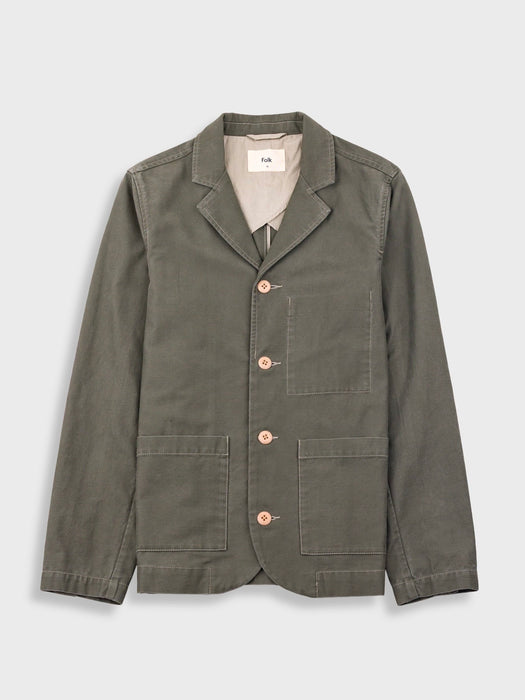 Folk Men Patch Jacket in Dark Olive Slub