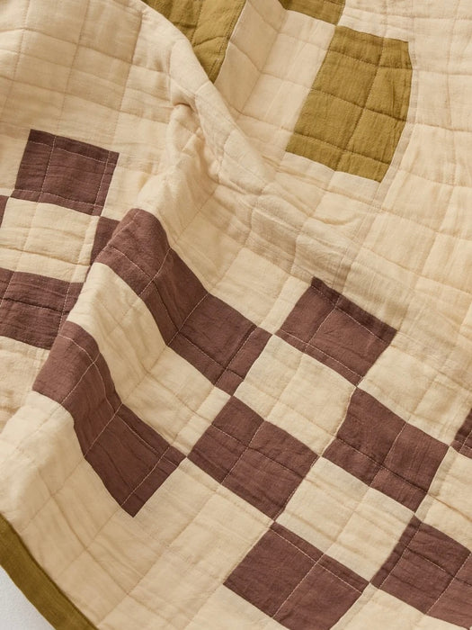 Toast Chequerboard Patchwork Quilt in Cream/Fennel