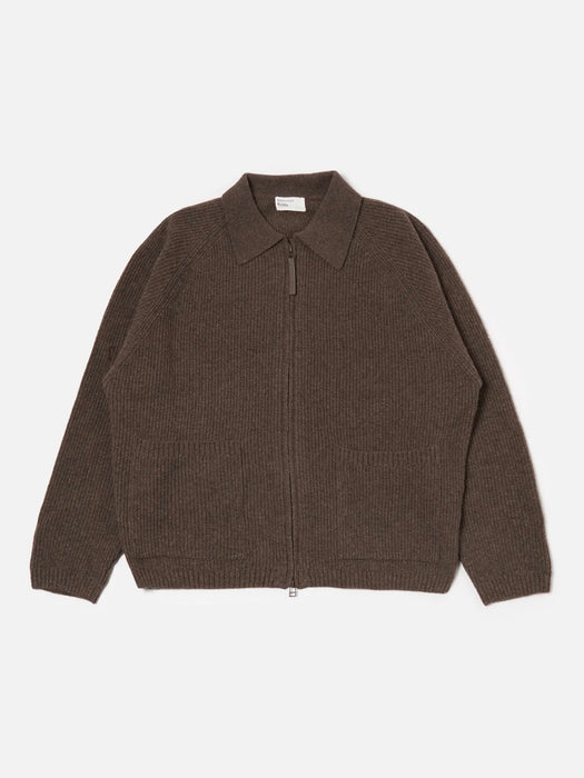 Universal Works Zip Cardigan in Brown Eco Wool