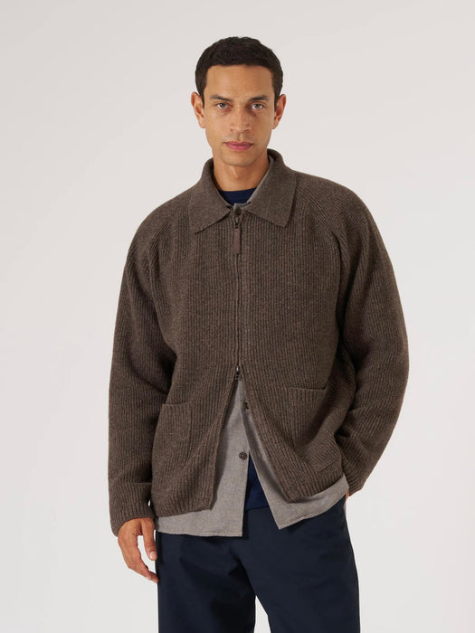 Universal Works Zip Cardigan in Brown Eco Wool