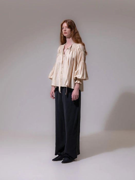 Emin & Paul Ruched Tie Neck Blouse in Sand