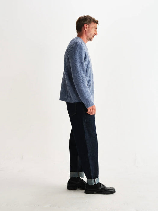 Wax Hyatt Cable Crew Knit in Brush Light Blue