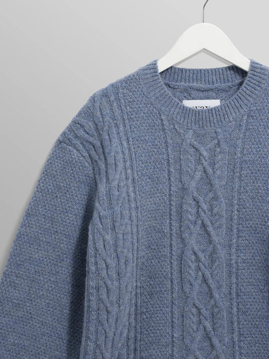 Wax Hyatt Cable Crew Knit in Brush Light Blue