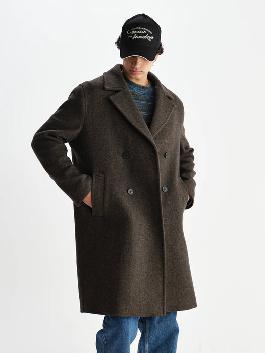 Wax Magnus DB Overcoat in Brown Herringbone