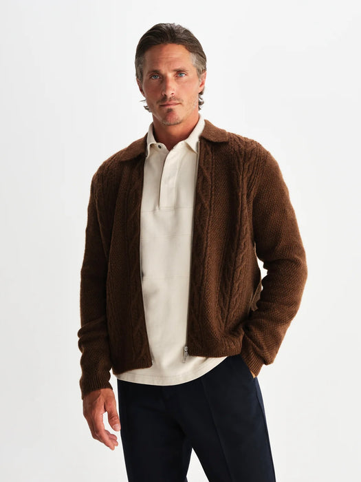 Wax Friar Zip Knit Jacket in Brown Cable