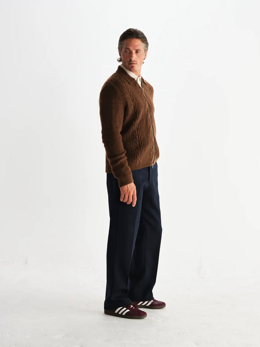 Wax Friar Zip Knit Jacket in Brown Cable