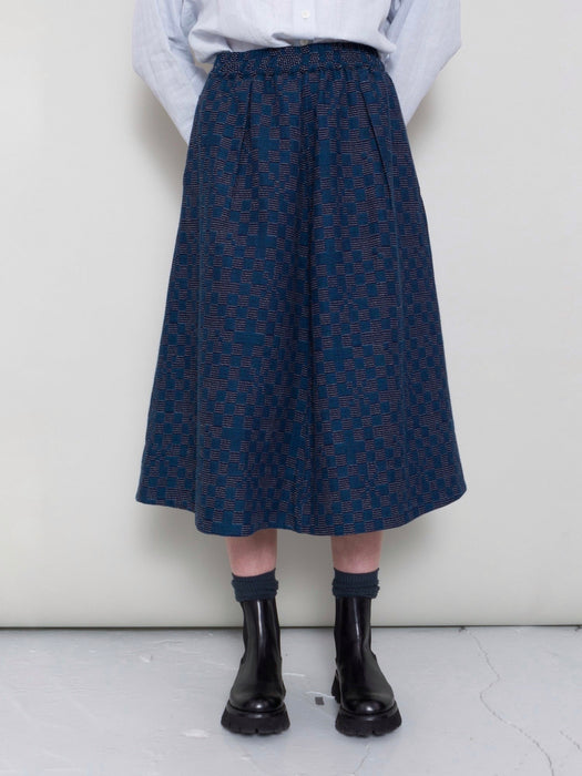 Folk Women Full Seam Skirt  in Indigo Broken Chequerboard