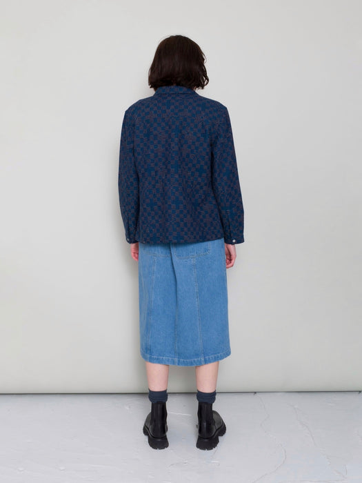 Folk Women Pleated Shirt in Indigo Broken Chequerboard