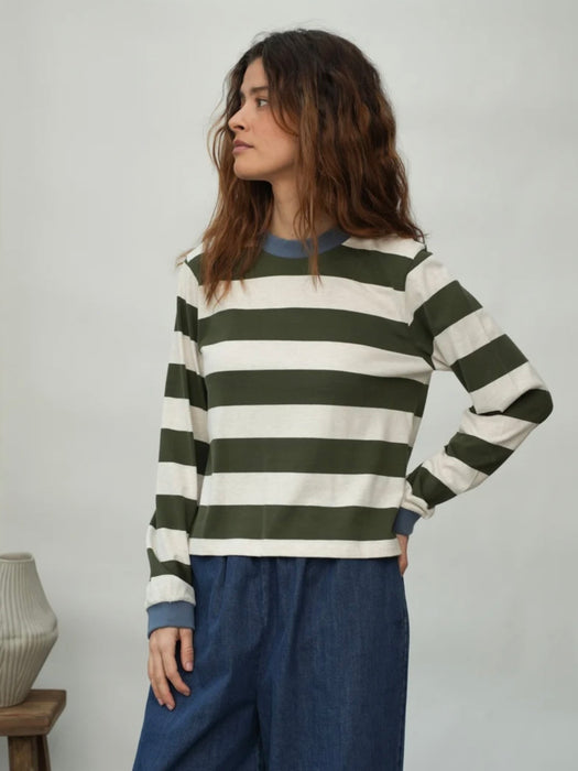 Beaumont Organic Sierra-Sue Stripe Top in Olive / Ecru Marl