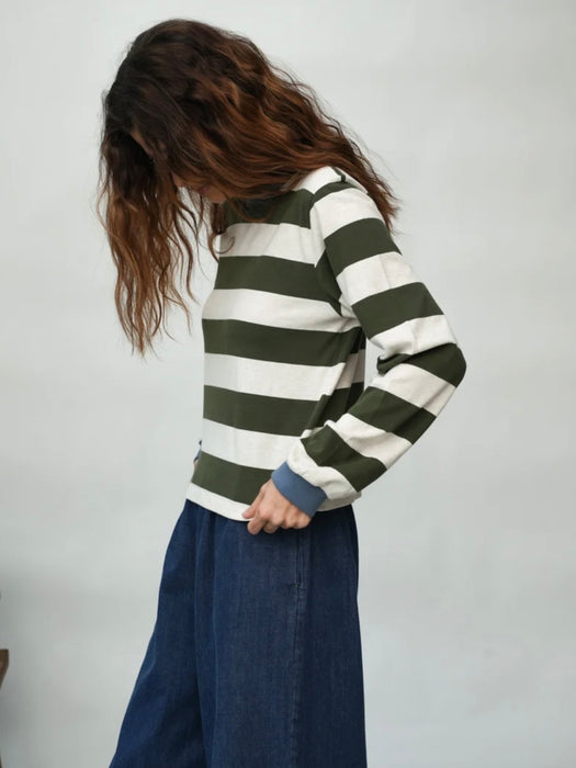 Beaumont Organic Sierra-Sue Stripe Top in Olive / Ecru Marl