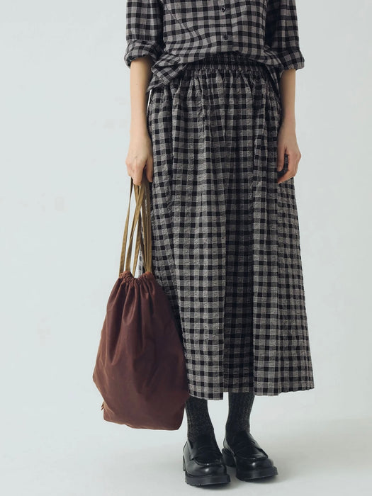 Toast Bind Gathered Skirt in Black / Ecru Check