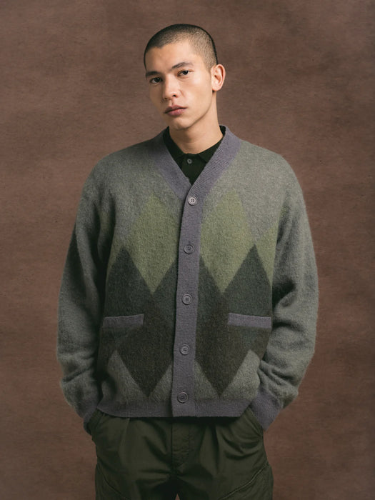 Kestin Muirfield Argyle Cardigan in Olive Mohair