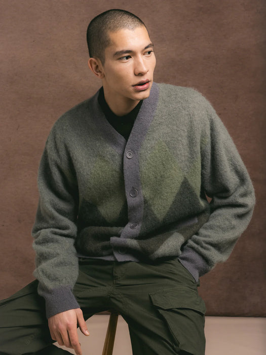 Kestin Muirfield Argyle Cardigan in Olive Mohair