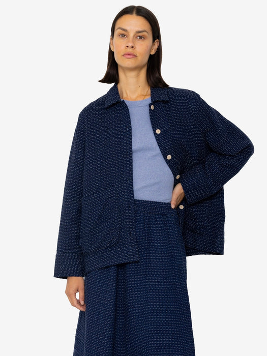 Folk Women Pleated Shirt in Indigo Floatstitch