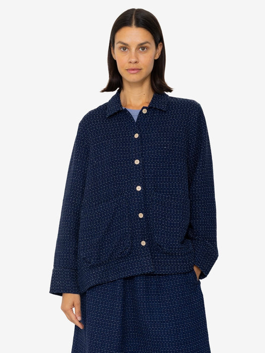 Folk Women Pleated Shirt in Indigo Floatstitch