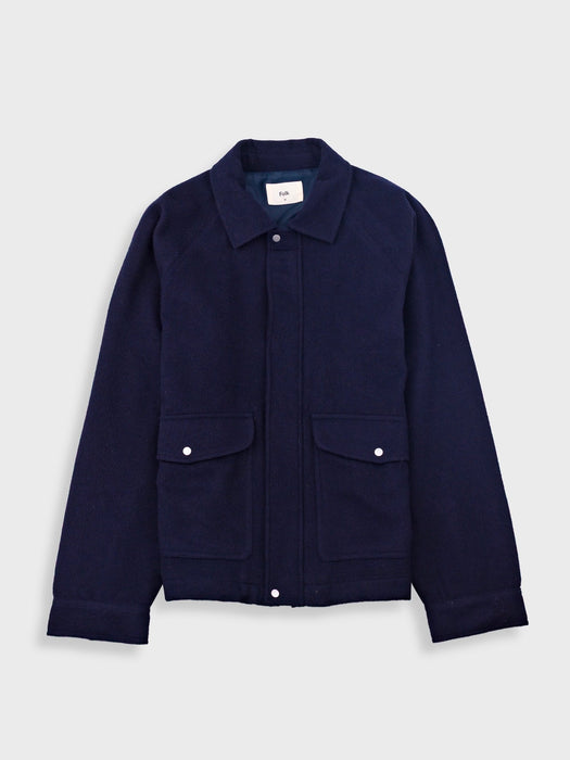 Folk Men Cropped Winter Coat in Navy Wool
