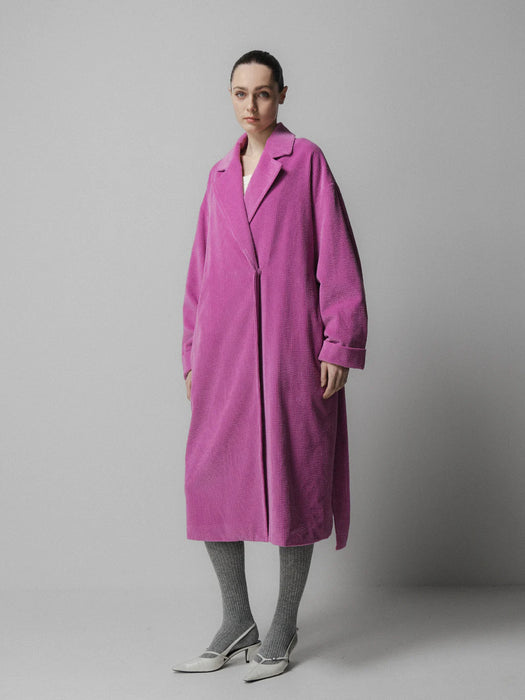 Emin & Paul Long Belted Coat in Pink Corduroy