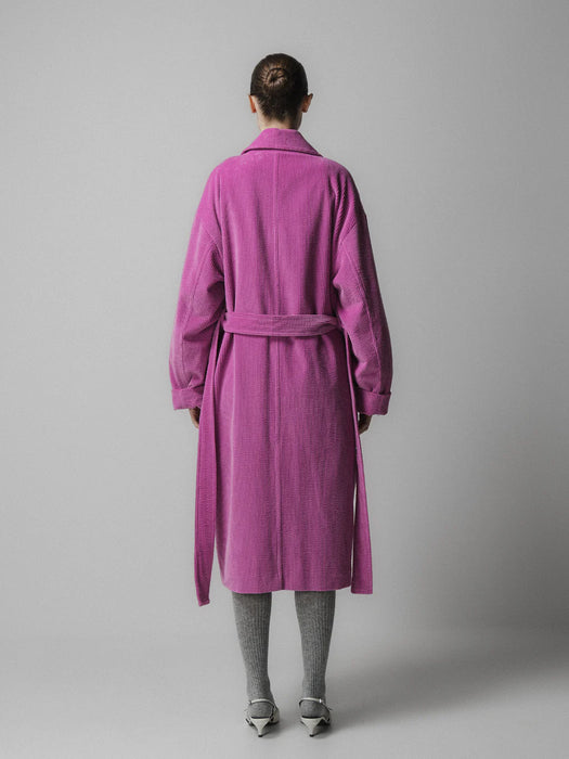 Emin & Paul Long Belted Coat in Pink Corduroy