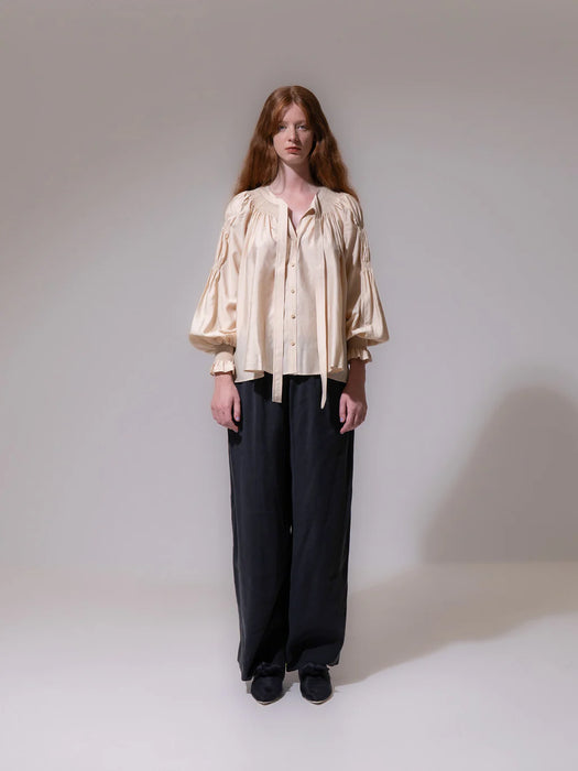 Emin & Paul Ruched Tie Neck Blouse in Sand