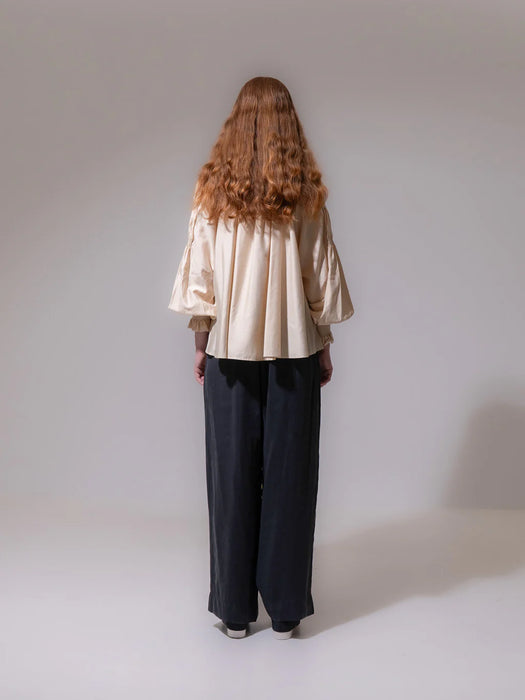 Emin & Paul Ruched Tie Neck Blouse in Sand