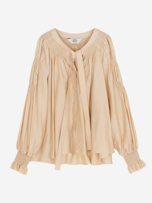 Emin & Paul Ruched Tie Neck Blouse in Sand