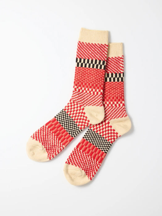Rototo Check&Step Sock in Red Multi