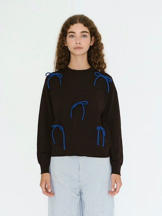 The Tiny Big Sister Sara Bow Sweater in Chocolate / Sky