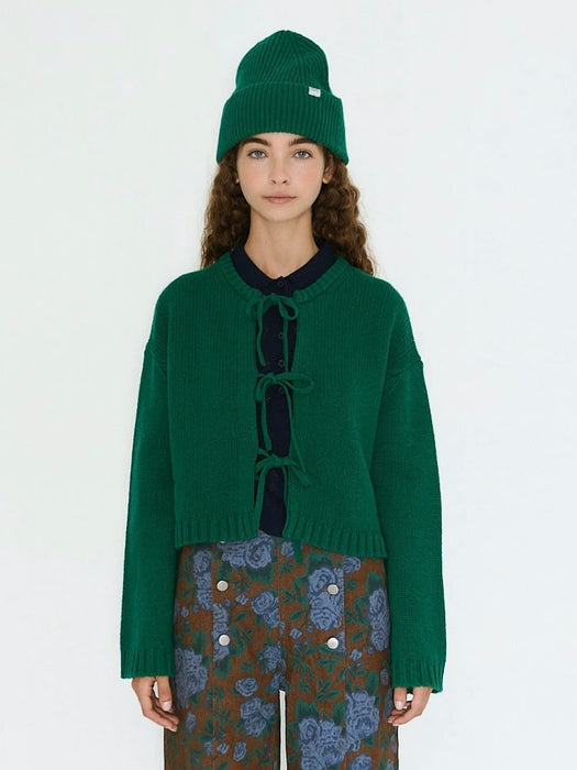 The Tiny Big Sister Tie Detail Cardigan in Emerald