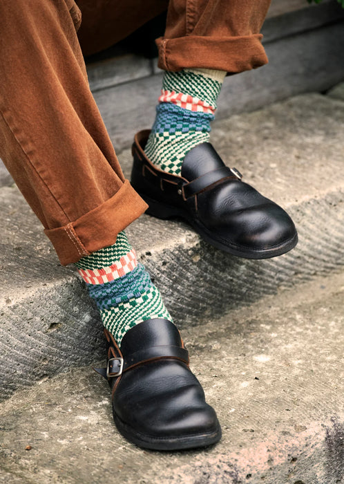 Rototo Check & Step Socks in Green