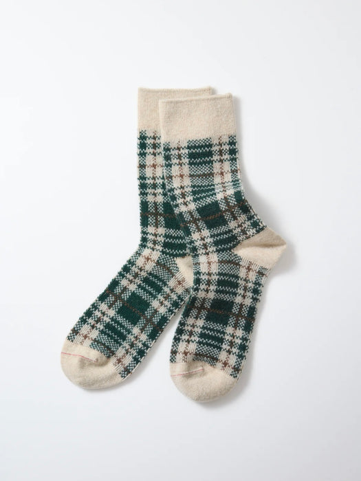 Rototo Women's Check Pattern Socks in Beige / Green