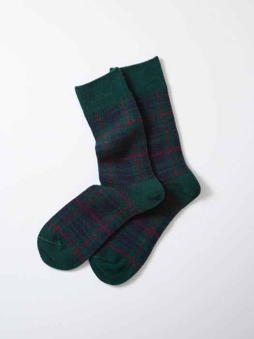Rototo Women's Check Pattern Socks in Green / Navy