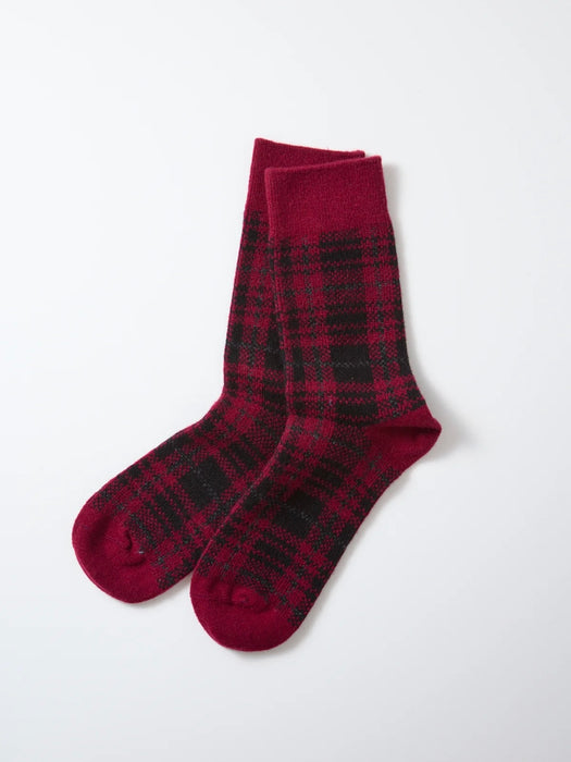 Rototo Women's Check Pattern Socks in Dark Red / Black