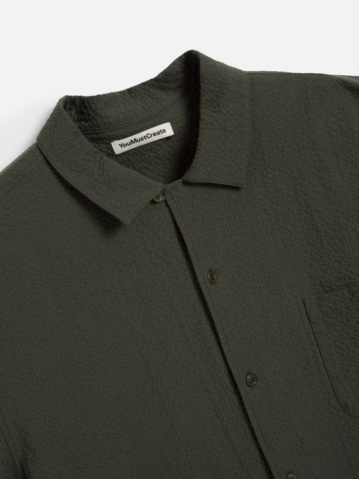 YMC Men Malick Shirt in Green Seersucker