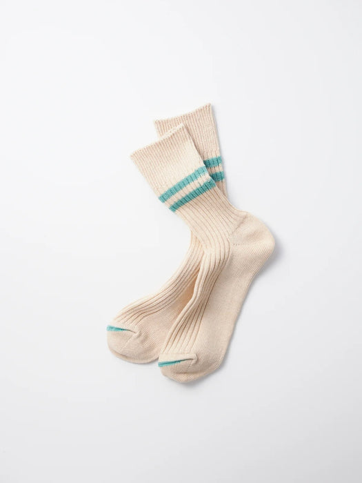 Rototo Hemp Stripe Socks in White Sand / Turquoise