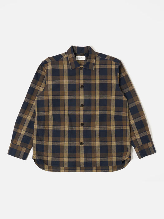 Universal Works Travail Overshirt in Navy/Brown Check