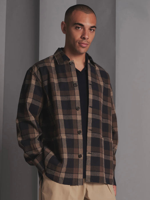 Universal Works Travail Overshirt in Navy/Brown Check