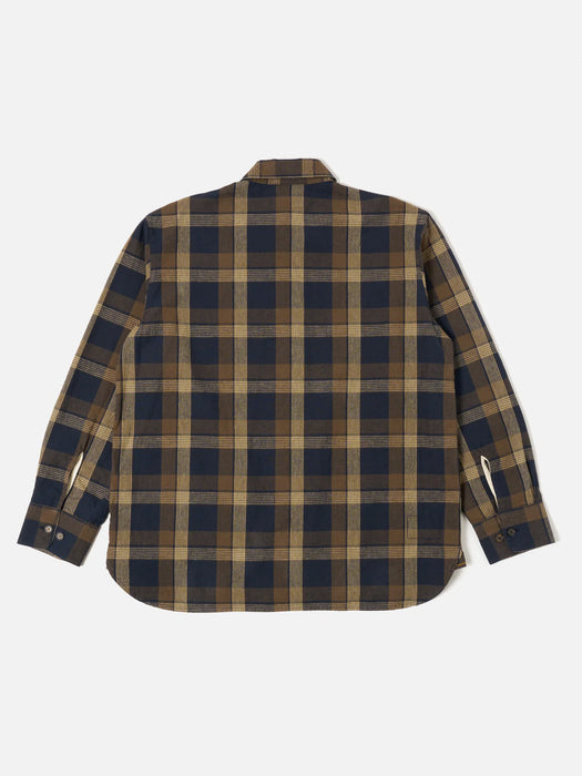 Universal Works Travail Overshirt in Navy/Brown Check