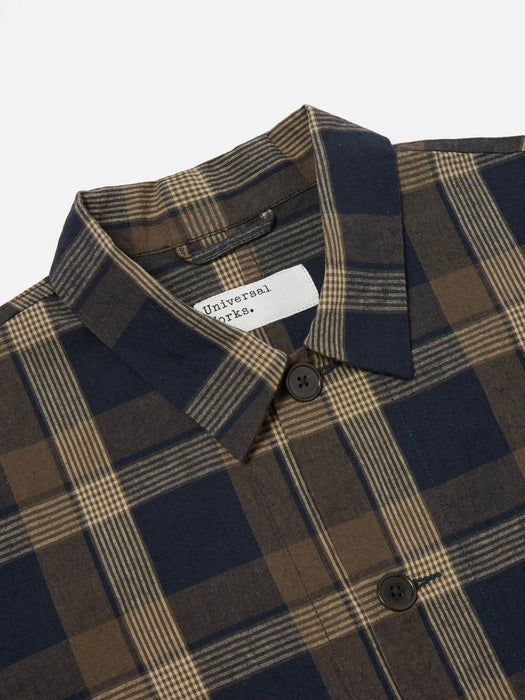 Universal Works Travail Overshirt in Navy/Brown Check