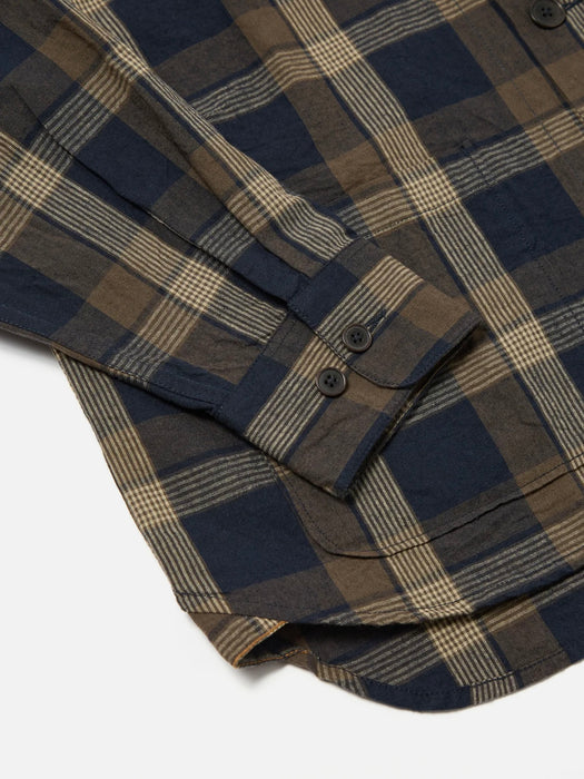 Universal Works Travail Overshirt in Navy/Brown Check