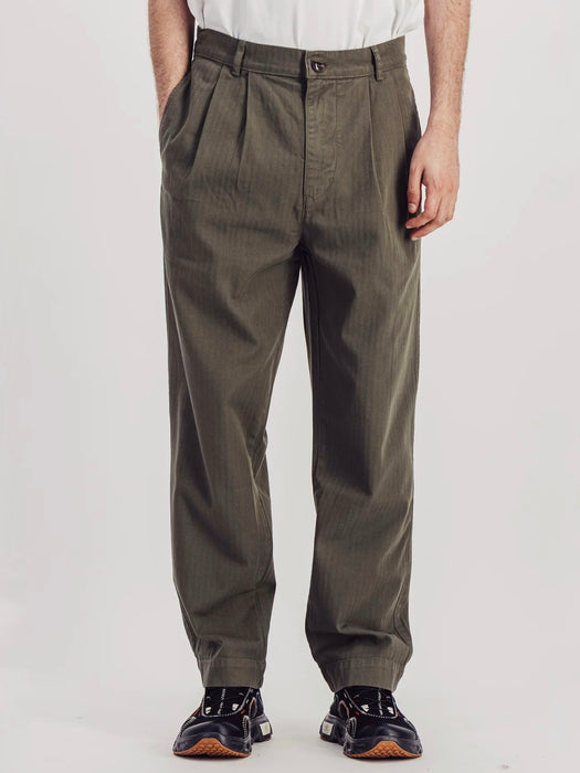 Parages Double Pleat Pants in Olive Herringbone